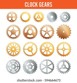 Vector Clock Gears. Metal Icons Isolated On White Background. Silver, Gold, Bronze. 