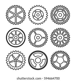 Vector Clock Gears. Outline Icons Set Clock Or Machine Wheel Mechanism. Mechanical, Technology Sign Isolated On White Background.