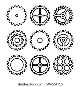 Vector Clock Gears. Outline Icons Set Clock Or Machine Wheel Mechanism. Mechanical, Technology Sign Isolated On White Background.