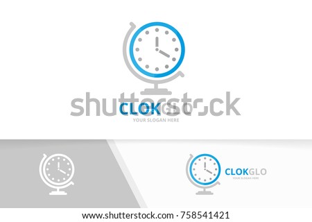 Vector clock and globe logo combination. Time planet symbol or icon. Unique express logotype design template.