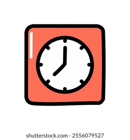 Vector Clock Icon. Flat design style red square shape time watch.