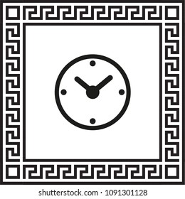 Vector clock icon in a frame with a Greek ornament