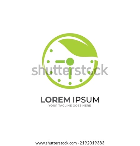 Vector clock and leaf logo combination. Time and eco symbol or icon. Unique express and organic logotype design template.