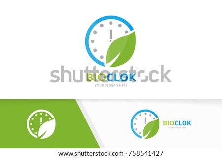 Vector clock and leaf logo combination. Time and eco symbol or icon. Unique express and organic logotype design template.