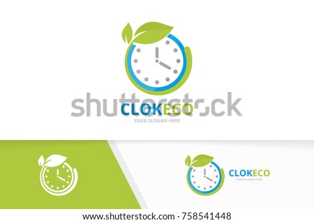 Vector clock and leaf logo combination. Time and eco symbol or icon. Unique express and organic logotype design template.