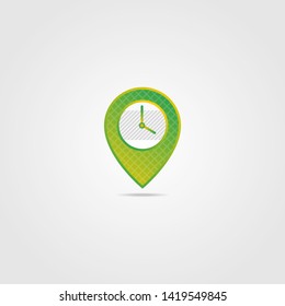 Vector clock and map pointer logo combination. Unique express and pin logotype design template. line square pattern and diagonal striped. gradient green and yellow colors