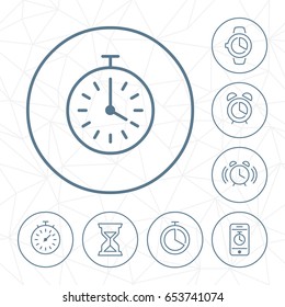 Vector clock outline icon set in circle button with geometric seamless background.