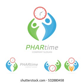 Vector clock and people logo combination. Time and family symbol or icon. Unique union, watch, connect, team and community logotype design template.