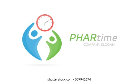 Vector clock and people logo combination. Time and family symbol or icon. Unique union, watch, connect, team and community logotype design template.