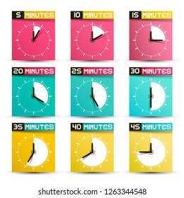 Vector Clock Set. Analog Time Symbols with 5, 10, 15, 20, 25, 30, 35, 40 and 45 Minutes Icons.