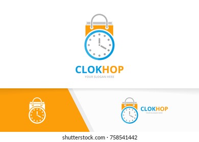 Vector clock and shop logo combination. Time and sale symbol or icon. Unique express and bag logotype design template.