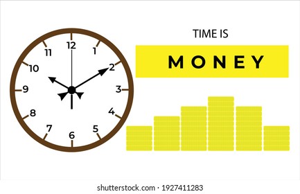 A vector of clock and stack of coins with the word time is money.