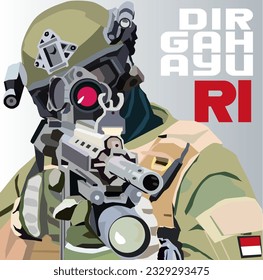 vector close up face a soldier army military with full equipment is focus aiming his target with a long barrel weapon celebrates the day of the struggle for the independence of the indonesia nation