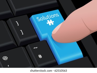 Vector acercar un dedo presionando una tecla de soluciones de color azul con el símbolo del rompecabezas, en un teclado negro. Ilustración conceptual.
