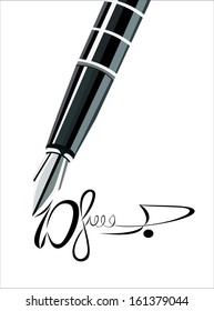 Vector Close up of a fountain silver pen and signature