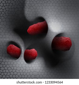 Vector close up illustration of bacteria on surface of skin, mucous membrane or intestine under microscope
