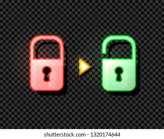 Vector Close Lock Turns into Open, Unlocking Concept, Bright Red and Green Objects with Yellow Arrow Isolated on Dark Transparent Background.