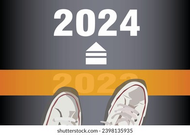 vector close up of people wearing sneakers walking black street yellow line text 2023 to 2024 happy new year sign