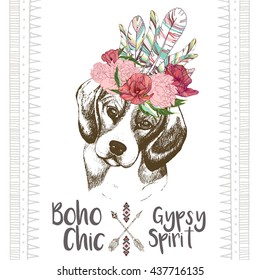 Vector close up portrait of beagle, wearing the indian feather headpiece. Hand drawn domestic dog illustration. Traditional boho chic decoration, with aztec arrows, feather and flowers.
