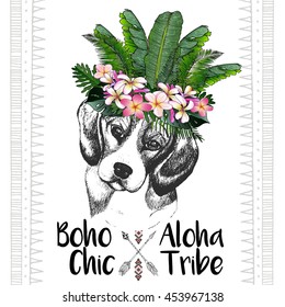 Vector close up portrait of beagle, wearing the exotic flower crown. Hand drawn domestic dog illustration. Tropical Hawaiian boho chic decoration, with palm leaves and flowers. Aloha tribe