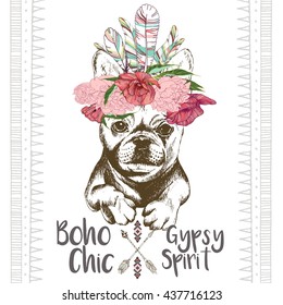 Vector close up portrait of french bulldog, wearing the indian feather headpiece. Hand drawn domestic dog illustration. Traditional boho chic decoration, with aztec arrows, feather and flowers.