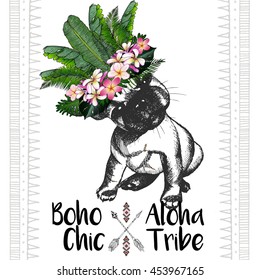 Vector close up portrait of french bulldog, wearing the exotic flower crown. Hand drawn domestic dog illustration. Tropical Hawaiian boho chic decoration, with palm leaves and flowers. Aloha tribe