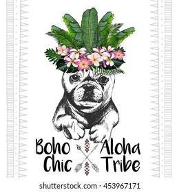 Vector close up portrait of french bulldog, wearing the exotic flower crown. Hand drawn domestic dog illustration. Tropical Hawaiian boho chic decoration, with palm leaves and flowers. Aloha tribe
