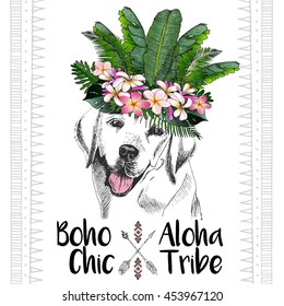 Vector close up portrait of labrador retriever, wearing the exotic flower crown. Hand drawn domestic dog illustration. Tropical Hawaiian boho chic decoration, with palm leaves and flowers. Aloha tribe