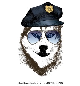 Vector close up portrait of police dog. Siberian husky wearing the peak cap and sunglasses. Hand drawn domestic pet dog illustration. Isolated on white background.