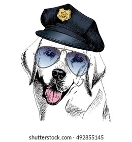 Vector cierra el retrato de perro policía. Labrador que lleva la tapa más alta y gafas de sol. Dibujo manual del perro doméstico de mascotas. Aislado sobre fondo blanco.