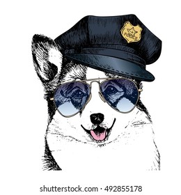 Vector close up portrait of police dog. Welsh corgi pembroke wearing the peak cap and sunglasses. Hand drawn domestic pet dog illustration. Isolated on white background.