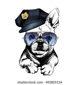 Vector cierra el retrato de perro de la policía. Perro de toro francés con la tapa más alta y lentes de sol. Dibujo manual del perro doméstico de mascotas. Aislado sobre fondo blanco.