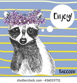 Vector close up portrait of raccoon in lavender floral wreath. Hand drawn wild mammal animal  illustration. Isolated on Serenity background with yellow strips.