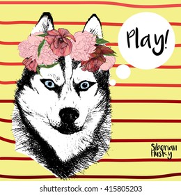 Vector close up portrait of siberian husky girl, wearing a flower wreath. Hand drawn domestic pet dog illustration on yellow background with red stripes. 
