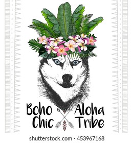 Vector close up portrait of siberian husky, wearing the exotic flower crown. Hand drawn domestic dog illustration. Tropical Hawaiian boho chic decoration, with palm leaves and flowers. Aloha tribe