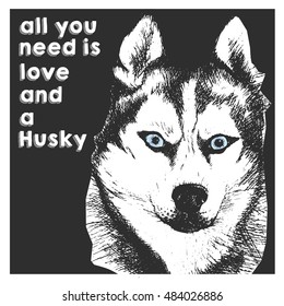 Vector close up portrait of siberian husky, isolated on black square background. All you need is love and a dog. Hand drawn domestic dog illustration. Sketched engraved funny illustration.