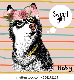 Vector close up portrait of siberian husky girl, wearing the flower wreath. Hand drawn domestic pet dog illustration. Isolated on yellow background with red strips.