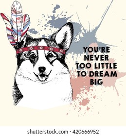 Vector close up portrait of welsh corgi pembroke, wearing the indian feather headpiece. Hand drawn domestic pet dog illustration. Isolated on rose background with pastel blots.