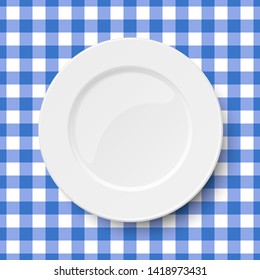 Vector close up view of empty white dish placed on classic checkered blue tablecloth seamless background. View from above.