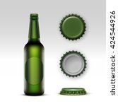 Vector Closed Blank Glass Transparent Creen Bottle of  Light Beer with Green label and  Set of Caps Side Top Back View for Branding Close up Isolated on White Background