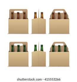 Vector Closed Blank Glass Transparent Brown Green Bottles of Light Dark Beer with Carton Packaging for Branding Front Side View Close up Isolated on White Background