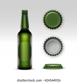 Vector Closed Blank Glass Transparent Creen Bottle of  Light Beer with Green label and  Set of Caps Side Top Back View for Branding Close up Isolated on White Background