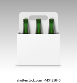 Vector Closed Blank Glass Transparent Green Bottles of Light Beer with White Carton Packaging for Branding Close up Isolated on White Background