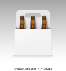 Vector Closed Blank Glass Transparent Brown Bottles of Light Beer with White Carton Packaging for Branding Close up Isolated on White Background
