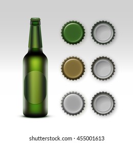Vector Closed Blank Glass Transparent Green Bottle of Light Beer with Green Label and Set of Caps of Different Color Side Top Back View for Branding Close up Isolated on White Background