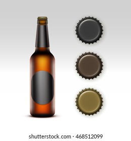 Vector Closed Blank Glass Transparent Brown Bottle of Light Beer with Black Round Label and Set of Caps Different Color for Branding Close Up Isolated on White Background