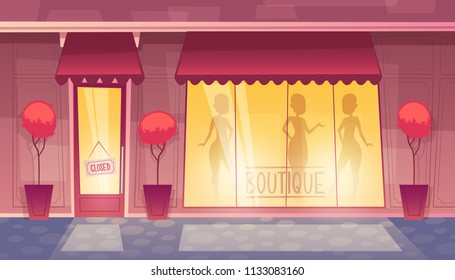 Vector closed boutique with shop-window, clothing market at evening, night. Cartoon commercial mall with trees in vases, decoration. Illuminated facade with mannequins behind the glass.