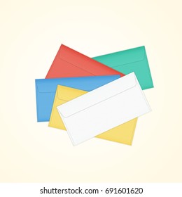 Vector closed colored pile of envelopes. Isolated illustration of different colored paper envelope stack for business letter, advertisement, invitation cards or money.