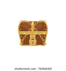 vector closed locked chained wooden treasure chest. Isolated illustration on a white background. Flat cartoon symbol of adventure, pirates, risk profit and wealth.