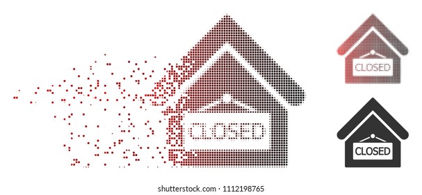 Vector closed office icon in dispersed, dotted halftone and undamaged entire versions. Disappearing effect uses rectangular particles and horizontal gradient from red to black.